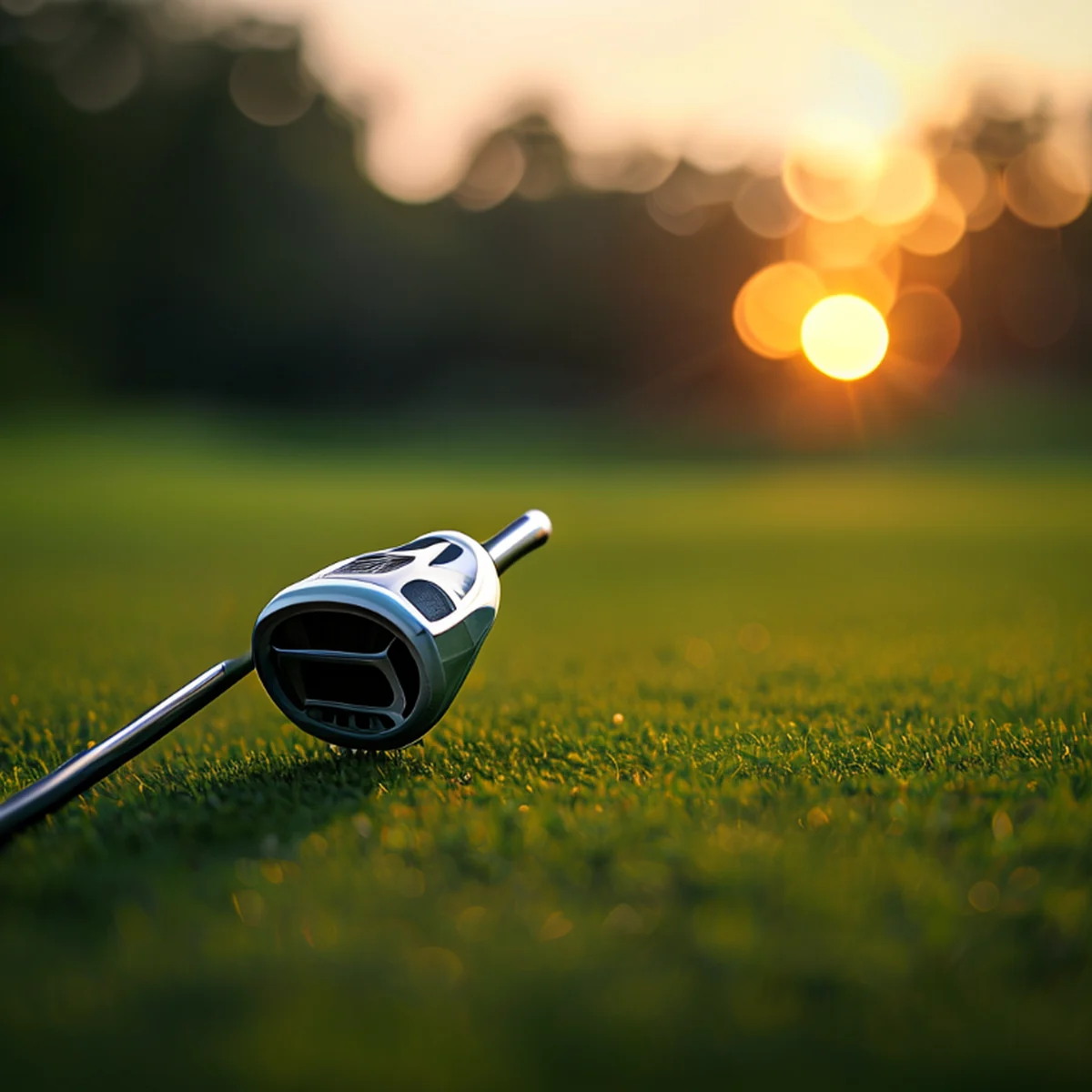 Close-up de um taco de golfe premium em um campo de golfe ao entardecer.
