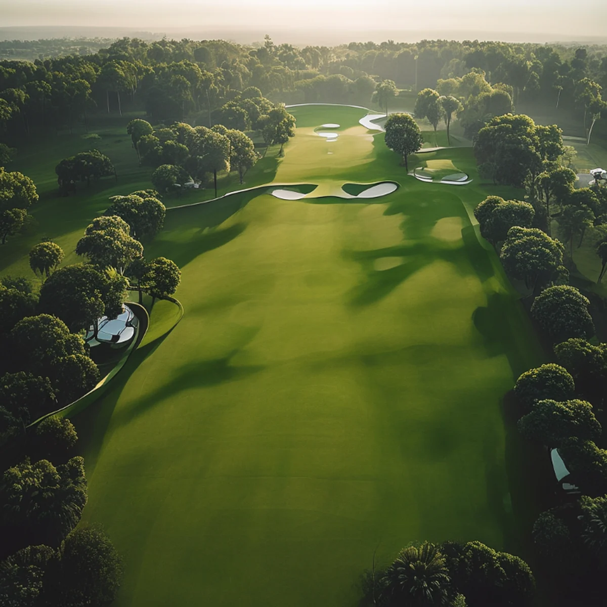 Aerial view of a lush green manicured golf course fairway