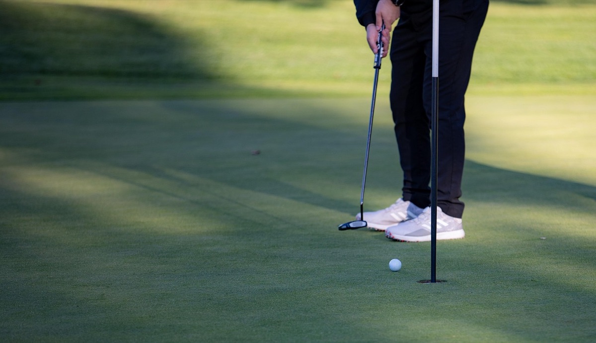 Une balle de golf et un tee posés sur le green.