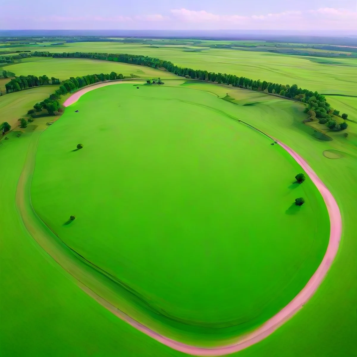 Vista aerea di un campo da golf con bunker e laghetto