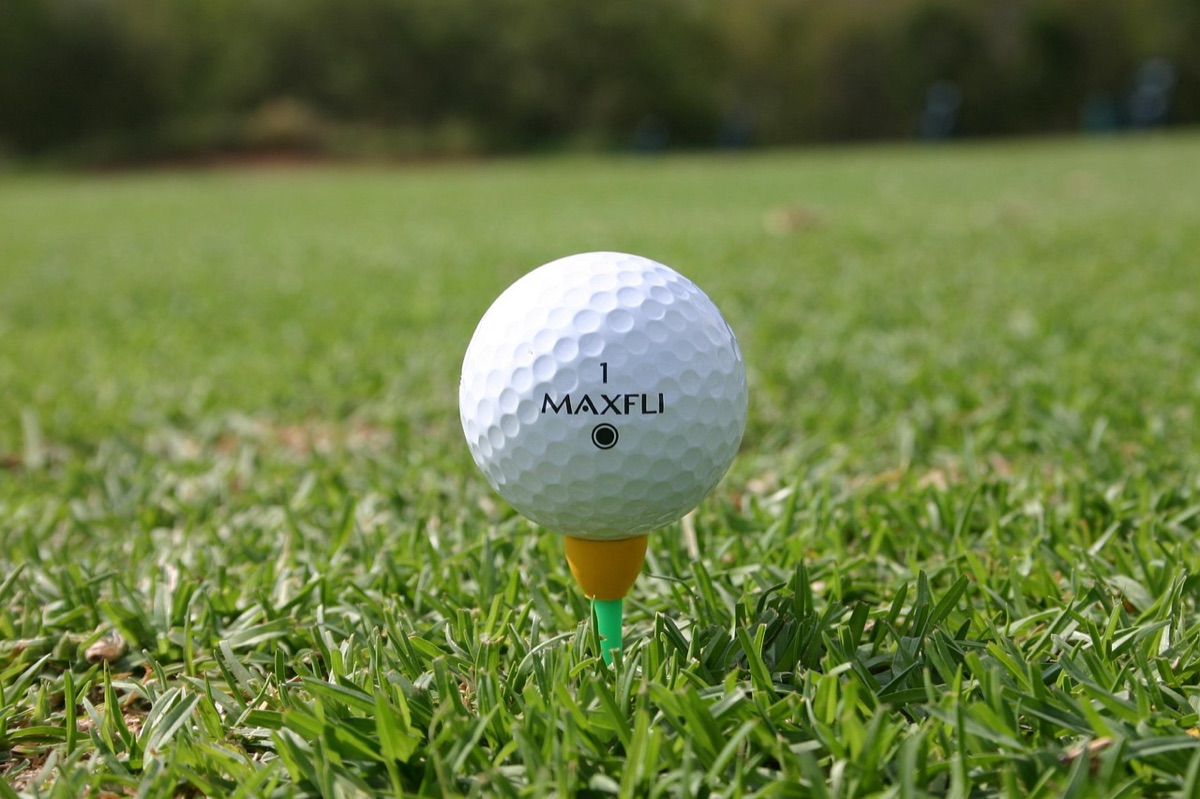Close-up van een golfbal op een tee in het gras.