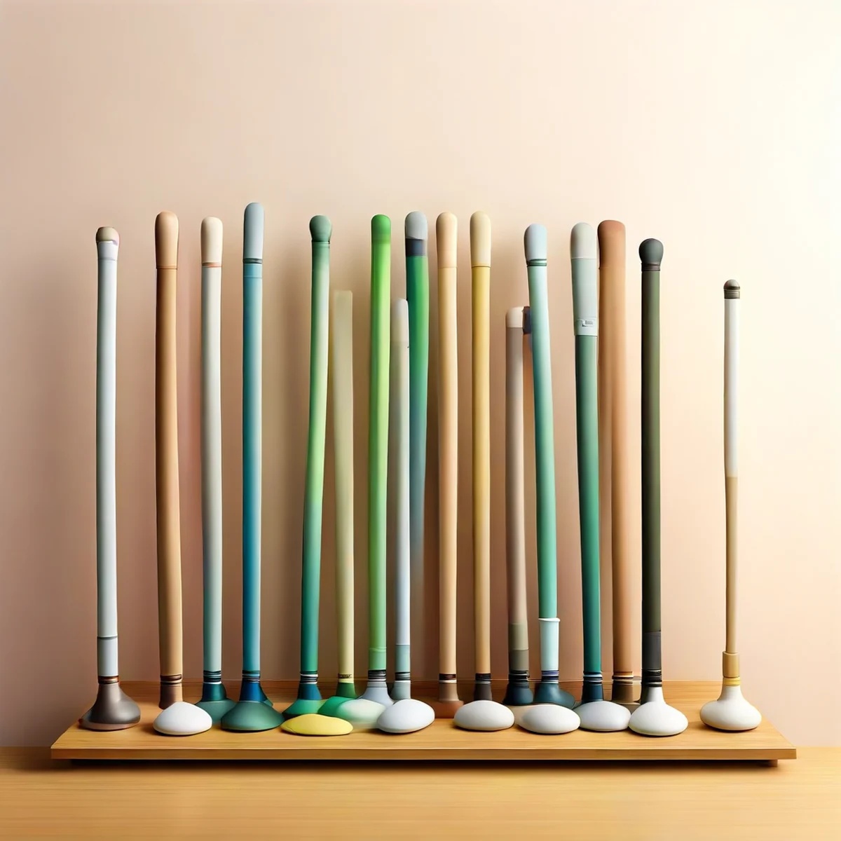 Golf clubs displayed upright in a wooden stand